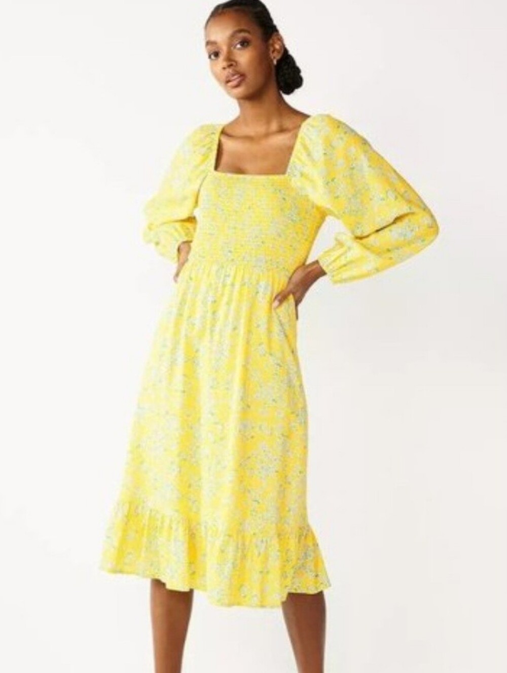 Draper James Yellow Floral Smocked Midi Dress with Puff Sleeves Medium